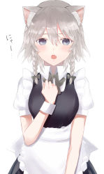 Rule 34 | 1girl, :o, animal ear fluff, animal ears, apron, bad id, bad pixiv id, black dress, blue eyes, blush, bow, bowtie, braid, breasts, cat ears, commentary request, cowboy shot, dress, fang, frilled apron, frills, grey bow, grey bowtie, hair between eyes, hair bow, hand on own chest, hasuhasu, highres, izayoi sakuya, kemonomimi mode, looking at viewer, maid apron, medium breasts, open mouth, puffy short sleeves, puffy sleeves, shirt, short hair, short sleeves, silver hair, simple background, solo, standing, touhou, translation request, twin braids, waist apron, white apron, white background, white shirt, wrist cuffs