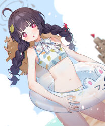 Rule 34 | 1girl, ahoge, ball, bare arms, bare shoulders, bikini, black hair, blue archive, blunt bangs, blurry, bow, braid, breasts, cowboy shot, day, hair bow, hair ornament, hair ribbon, halo, hat, holding, innertube, long hair, looking at viewer, miyu (blue archive), miyu (swimsuit) (blue archive), navel, open mouth, oto1 030, outdoors, red eyes, ribbon, sky, small breasts, solo, standing, stomach, straw hat, swim ring, swimsuit, twin braids, twintails, water, white bikini