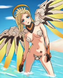 Rule 34 | 1girl, adapted costume, blonde hair, blue eyes, blue sky, breasts, c-string, cloud, cowboy shot, day, farsight93, glowing, glowing wings, halo, high ponytail, leaning forward, looking at viewer, mechanical halo, mechanical wings, medium breasts, mercy (overwatch), navel, outdoors, overwatch, overwatch 1, sketch, sky, smile, solo, spread wings, strapless bottom, swiss flag, tattoo, wading, water, wings, yellow wings