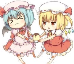 Rule 34 | &gt; &lt;, 2girls, ascot, baron (x5qgeh), bat wings, blonde hair, blue hair, chibi, closed eyes, flandre scarlet, food, hat, mob cap, multiple girls, name connection, object namesake, open mouth, pudding, red eyes, remilia scarlet, short hair, side ponytail, sweat, touhou, wings, wrist cuffs, x&lt;