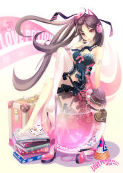Rule 34 | 1girl, animal ears, bare shoulders, barefoot, book, breasts, brown hair, collar, cuffs, dress, easycrew, finger to mouth, frills, garter straps, headphones, heart, lee byung hee, long hair, lucia, lucia (pangya), orange eyes, pangya, potion, ribbon, single thighhigh, sitting, solo, strap slip, suitcase, thighhighs, very long hair, wind