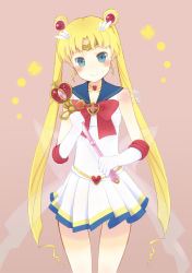 Rule 34 | 1990s (style), 1girl, bad id, bad pixiv id, bishoujo senshi sailor moon, bishoujo senshi sailor moon supers, blonde hair, blue eyes, blue sailor collar, bow, brooch, choker, double bun, elbow gloves, gloves, hair bun, heart, heart brooch, jewelry, kagura (c h r o e), long hair, magical girl, multicolored clothes, multicolored skirt, pink background, red bow, retro artstyle, sailor collar, sailor moon, skirt, solo, spiral heart moon rod, super sailor moon, tiara, tsukino usagi, twintails, wand, white gloves