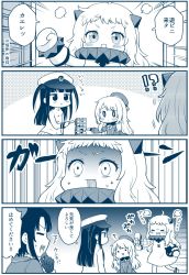 Rule 34 | !?, 10s, 4girls, 4koma, ?, ^^^, abyssal ship, atago (kancolle), comic, female admiral (kancolle), hat, highres, horns, jenga, kantai collection, little girl admiral (kancolle), long hair, migu (migmig), military, military uniform, mittens, monochrome, multiple girls, naval uniform, northern ocean princess, takao (kancolle), translation request, twintails, uniform, aged down