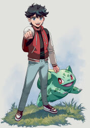 Rule 34 | antenna hair, arm at side, arm up, artist name, backpack, bag, black hair, black shirt, blue eyes, blue pants, bright pupils, bulbasaur, buttons, claws, clenched hands, commission, creatures (company), cross-laced footwear, drawstring, full body, game freak, gen 1 pokemon, grass, grey background, happy, highres, jacket, jumping, legs apart, long sleeves, looking at another, looking at viewer, mau mora, nintendo, open clothes, open jacket, open mouth, original, outstretched arm, pants, pocket, pokemon, pokemon (creature), raglan sleeves, red eyes, red footwear, red jacket, shirt, shoes, short hair, signature, smile, sneakers, standing, teeth, white pupils, white sleeves