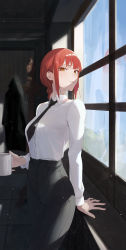 Rule 34 | 1girl, absurdres, arm support, black necktie, blurry, blurry background, chainsaw man, closed mouth, clothes hanger, cup, film grain, formal, highres, holding, holding cup, indoors, light particles, long hair, looking at viewer, makima (chainsaw man), mug, necktie, red hair, ringed eyes, smile, so shio, solo, suit, tile floor, tiles, tree, window, yellow eyes