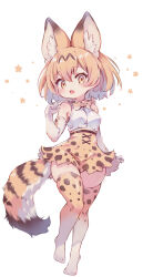 Rule 34 | 1girl, animal ear fluff, animal ears, blush, bow, bowtie, breasts, brown bow, brown bowtie, brown eyes, brown hair, brown skirt, brown thighhighs, commentary request, elbow gloves, fang, full body, gloves, hair between eyes, highres, kemono friends, kolshica, looking at viewer, medium breasts, no shoes, open mouth, print bow, print bowtie, print skirt, print thighhighs, serval (kemono friends), serval print, shirt, simple background, skirt, sleeveless, sleeveless shirt, solo, standing, standing on one leg, star (symbol), tail, thighhighs, white background, white gloves, white shirt
