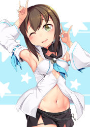 Rule 34 | 1girl, armpits, arms up, bare shoulders, black shorts, blue background, blue neckerchief, blue ribbon, blush, breasts, brown hair, center opening, cleavage, cosplay, cowboy shot, detached sleeves, double fox shadow puppet, drawstring, fox shadow puppet, front slit, fubuki (kancolle), green eyes, groin, hair between eyes, head tilt, highres, hololive, hood, hood down, kantai collection, key, long hair, looking at viewer, low ponytail, medium breasts, midriff, name connection, navel, neckerchief, one eye closed, open mouth, ponytail, revision, ribbon, ribbon-trimmed sleeves, ribbon trim, shirakami fubuki, shirakami fubuki (1st costume), shirakami fubuki (cosplay), shirt, short ponytail, short shorts, shorts, sideboob, sidelocks, sleeveless, sleeveless shirt, solo, standing, star (symbol), starry background, virtual youtuber, white background, white shirt, white sleeves, wide sleeves, yasume yukito