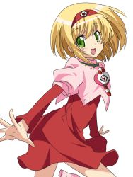 Rule 34 | 00s, 1girl, blonde hair, candy, candy cane, compacthuman, cropped jacket, dai mahou touge, dress, food, green eyes, hairband, happy, jewelry, necklace, rumia (compacthuman), short hair, simple background, solo, tanaka punie
