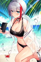 Rule 34 | 1girl, admiral graf spee (azur lane), azur lane, bare legs, bare shoulders, beach, bikini, bikini under clothes, black bikini, black choker, blue eyes, blunt bangs, blush, breasts, choker, cleavage, closed mouth, collarbone, commentary request, crab, day, glint, high heels, kinsenka momi, leaning forward, light rays, long sleeves, medium breasts, multicolored hair, navel, ocean, open clothes, outdoors, palm leaf, red hair, see-through, short hair, silver hair, smile, solo, standing, standing on one leg, stomach, streaked hair, sunbeam, sunlight, swimsuit, thighs, two-tone hair, water, water drop, white footwear