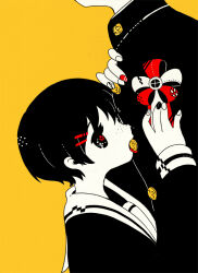 Rule 34 | 1boy, 1girl, arm up, award ribbon, blending, buttons, chisuke, commentary, flower, flower in eye, freckles, from side, gakuran, graduation, hair ornament, hairclip, hand up, hands on another&#039;s chest, head out of frame, licking, limited palette, long sleeves, looking at another, mouth hold, multicolored nails, original, red flower, school uniform, second button, serafuku, short hair, simple background, symbol in eye, upper body