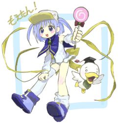 Rule 34 | 100 (hundredwell), 1girl, ah-kun, asymmetrical legwear, back bow, bird, blue eyes, blue hair, blush, bow, candy, copyright name, detached sleeves, duck, food, full body, hat, highres, holding, holding candy, holding food, holding lollipop, korean commentary, light blue hair, lollipop, long sleeves, moetan, mortarboard, nijihara ink, one-piece swimsuit, pastel ink, short hair, single loose sock, socks, solo, swimsuit, swirl lollipop, thighhighs, two side up, uneven legwear, white one-piece swimsuit, white sleeves, white socks, white thighhighs, yellow bow, zettai ryouiki