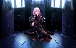 Rule 34 | 1girl, black pantyhose, covered mouth, guilty crown, hair ornament, indoors, long hair, pantyhose, pink hair, red eyes, reflective floor, sitting, solo, tanikku, twintails, yuzuriha inori