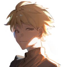 Rule 34 | 1boy, atou haruki, blonde hair, brown eyes, brown jacket, brown sweater, chinese commentary, closed mouth, commentary request, danxunmo, jacket, male focus, open clothes, open jacket, portrait, saibou shinkyoku, short hair, simple background, solo, sweater, turtleneck, turtleneck sweater, white background