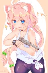 Rule 34 | 1girl, ahoge, animal ears, bike shorts, blue eyes, cat ears, choker, fang, gun, hair bobbles, hair ornament, highres, hinata channel, holding, long hair, low twintails, nekomiya hinata, ooba jun, open mouth, pink hair, shorts, smile, solo, suppressor, twintails, upper body, vest, virtual youtuber, weapon, white vest, wristband
