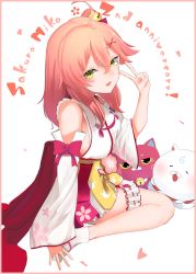 Rule 34 | 1girl, 35p (sakura miko), ahoge, anniversary, bell, bridal garter, cat, character name, cherry blossom print, detached sleeves, floral print, green eyes, hair bell, hair between eyes, hair ornament, hair over shoulder, hairclip, highres, hololive, kintoki (sakura miko), long hair, looking at viewer, open mouth, pink cat, pink hair, pino (hetare1023), sakura miko, sakura miko (1st costume), sitting, v, virtual youtuber, white background, white cat, x hair ornament