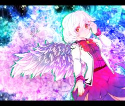 Rule 34 | 1girl, border, bow, bowtie, dress, feathered wings, jacket, kishin sagume, letterboxed, multicolored background, red eyes, short hair, single wing, solo, touhou, white hair, wings, yukimimi