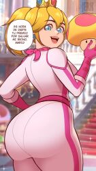 Rule 34 | 1girl, apervertguy, ass, blonde hair, blue eyes, bodysuit, breasts, hand on own hip, highres, huge ass, large breasts, legs, long hair, looking at viewer, looking back, mario (series), mega mushroom, mushroom, nintendo, open mouth, pink lips, ponytail, princess, princess peach, sideboob, smile, spanish text, sparkle, speech bubble, the super mario bros. movie, thick thighs, thighs, translation request, twitter username, watermark