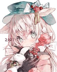 Rule 34 | 1girl, 2021, animal ears, bell, black gloves, black hat, blue eyes, blush, bow, chinese zodiac, commentary, cow ears, gloves, hair bow, hat, highres, holding, holding stuffed toy, looking at viewer, original, pink hair, smile, solo, stuffed cow, stuffed toy, symbol-only commentary, toosaki, white background, white bow, year of the ox