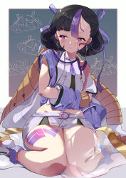 Rule 34 | 1girl, absurdres, black hair, blush, breasts, commission, earrings, goddess of victory: nikke, hair ribbon, highres, jacket, jewelry, knees together feet apart, looking to the side, miniskirt, mole, mole under eye, multicolored hair, nail polish, off shoulder, open clothes, open jacket, purple eyes, purple hair, purple jacket, purple ribbon, pyopyo, ribbon, sitting, skirt, sleeveless, small breasts, solo, streaked hair, syuen (nikke), white footwear