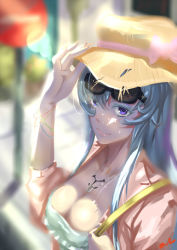 Rule 34 | 10s, 1girl, adjusting clothes, adjusting headwear, akame ga kill!, bag, blue hair, bracelet, breasts, casual, cleavage, esdeath, eyewear on head, handbag, hat, jewelry, large breasts, long hair, looking at viewer, magic (pixiv 10531641), necklace, purple eyes, ring, ring necklace, smile, solo, straw hat, sunglasses, tattoo