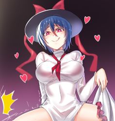 Rule 34 | 1girl, :q, ^^^, ^ ^, black background, black hat, blue hair, blush, bow, breasts, closed eyes, clothes lift, collarbone, commentary request, covered collarbone, covered navel, cowboy shot, dress, dress lift, girl on top, gradient background, hair between eyes, hat, hat bow, heart, heart-shaped pupils, highres, koissa, large breasts, lifting own clothes, lips, long sleeves, looking at viewer, nagae iku, neckerchief, nose blush, one-hour drawing challenge, purple background, red bow, red eyes, red neckerchief, shiny skin, short hair, smile, solo, spread legs, symbol-shaped pupils, thighs, tongue, tongue out, touhou, turtleneck, twitching, white dress