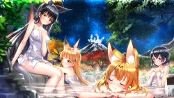 Rule 34 | 10s, 4girls, :3, animal ears, bathing, black hair, blonde hair, blue eyes, blurry, blush, breasts, closed eyes, collarbone, depth of field, embarrassed, ezo red fox (kemono friends), fox ears, hand on own chest, hands on own chest, head rest, highres, kaban (kemono friends), kemono friends, long hair, looking at viewer, medium breasts, mountain, multicolored hair, multiple girls, naked towel, night, onsen, outdoors, partially submerged, rock, same-sex bathing, serval (kemono friends), shared bathing, short hair, silver fox (kemono friends), sky, small breasts, smile, soaking feet, star (sky), starry sky, swordsouls, tail, towel, tree, wading, water, wet, yellow eyes