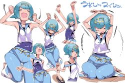 Rule 34 | 1girl, ^ ^, armpits, arms up, baggy pants, barefoot, blue hair, blue sailor collar, blush, blush stickers, capri pants, chris (mario), closed eyes, covered navel, creatures (company), game freak, hair ornament, happy, kneeling, lana (pokemon), multiple views, nintendo, off shoulder, open mouth, pants, pokemon, pokemon sm, sailor collar, sandals, shirt, short hair, simple background, sleeveless, sleeveless shirt, stretching, swimsuit, swimsuit under clothes, text focus, trial captain, white background