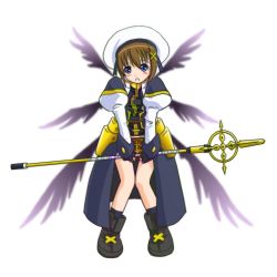 Rule 34 | 00s, 1girl, :o, blush, hair ornament, long sleeves, looking at viewer, lyrical nanoha, mahou shoujo lyrical nanoha, mahou shoujo lyrical nanoha a&#039;s, multiple wings, parted lips, rod, schwertkreuz, simple background, solo, staff, white background, wings, x hair ornament, yagami hayate