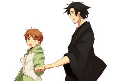 Rule 34 | 2boys, age difference, black hair, closed eyes, emiya kiritsugu, emiya shirou, fate/stay night, fate/zero, fate (series), father and son, holding hands, is (11l4329), japanese clothes, kimono, male focus, multiple boys, orange hair, simple background, yellow eyes