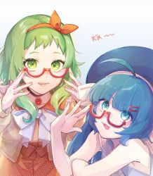 Rule 34 | 2girls, a.i. voice, adjusting eyewear, ahoge, bare arms, blue eyes, blue hair, blue headwear, blue shirt, bow, bow hairband, bowtie, brown jacket, commentary, congratulations, fang, green eyes, green hair, gumi, gumi (a.i. voice), hair ornament, hairband, hairclip, highres, jacket, large hat, leaning forward, long hair, looking at viewer, mi no take, multiple girls, nail polish, open mouth, orange bow, orange nails, orange shirt, orange skirt, otomachi una, otomachi una (talkex), pendant choker, red-framed eyewear, sailor collar, semi-rimless eyewear, shirt, sidelocks, skirt, sleeveless, sleeveless shirt, smile, talkex, translated, upper body, vocaloid, voiceroid, white bow, white bowtie, white sailor collar