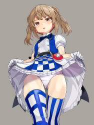 Rule 34 | 1girl, blue dress, blurry, blush, breasts, clothes lift, compass, double bun, dress, frilled skirt, frills, hair bun, highres, kantai collection, light brown hair, michishio (kancolle), official alternate costume, open mouth, panda sasasa, panties, shirt, short sleeves, short twintails, skirt, skirt lift, small breasts, thighhighs, twintails, underwear, white panties, white shirt, yellow eyes
