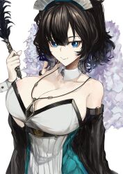 Rule 34 | 1girl, absurdres, arknights, bare shoulders, black hair, blue eyes, breasts, cleavage, detached collar, detached sleeves, dress, duster, feather duster, hand up, highres, holding, huge breasts, jewelry, kajuu, kjera (arknights), kjera (ingenious servant) (arknights), looking at viewer, maid, maid headdress, official alternate costume, pendant, short hair, simple background, smile, solo, strapless, strapless dress, upper body, white background, white dress