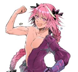 Rule 34 | 1boy, 7luna, :d, astolfo (fate), black bow, black ribbon, bow, braid, commentary request, fang, fate/apocrypha, fate (series), flexing, gauntlets, hair intakes, hair ribbon, hand on own hip, long braid, long hair, looking at viewer, male focus, multicolored hair, muscular, open mouth, partially undressed, pink hair, purple eyes, ribbon, signature, simple background, single braid, smile, solo, streaked hair, translation request, trap, unzipped, white background