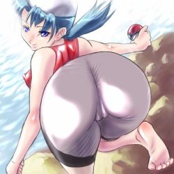 Rule 34 | 1girl, alternate color, ass, bandana, bare shoulders, barefoot, bike shorts, blue eyes, blue hair, breasts, cameltoe, creatures (company), from behind, game freak, huge ass, kris (pokemon), long hair, looking back, lowres, matching hair/eyes, nintendo, otsukare, poke ball, pokemon, shiny clothes, shiny skin, smile, solo, twintails