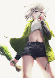 Rule 34 | 1girl, ahoge, ai (re:lief), bare legs, black hair, black shorts, bra, bra peek, clothes lift, coat, from below, gradient hair, green coat, grey eyes, hair intakes, hair ornament, holding, kurono mitsuki, lifted by self, midriff, multicolored hair, navel, open clothes, open coat, re:lief ~shin&#039;ai naru anata e~, shirt, shirt lift, short hair, short shorts, shorts, silver hair, simple background, solo, standing, stomach, underwear, white background, white shirt, x hair ornament