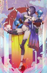 Rule 34 | 1girl, alcohol, bowl, breasts, collarbone, cup, fate/grand order, fate (series), food, fruit, full body, grapes, highres, horns, japanese clothes, kimono, looking at viewer, mins (minevi), navel, oni, open mouth, peach, purple eyes, purple hair, sakazuki, sake, short hair, shuten douji (fate), skin-covered horns, small breasts, smile, solo, water, waves