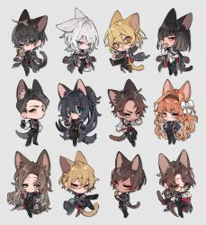 Rule 34 | 6+boys, 6+girls, animal ears, black eyes, black hair, blue hair, bow, brown eyes, brown hair, cat boy, cat ears, cat girl, cat tail, chibi, closed eyes, closed mouth, dante (limbus company), don quixote (project moon), faust (project moon), glasses, gregor (project moon), hair bow, heathcliff (project moon), heterochromia, hong lu (project moon), ishmael (project moon), limbus company, long hair, meursault (project moon), multiple boys, multiple girls, orange eyes, orange hair, outis (project moon), project moon, rodion (project moon), ryoshu (project moon), sapphire (nine), simple background, sinclair (project moon), smile, tail, very long hair, white background, white bow, white hair, yi sang (project moon)