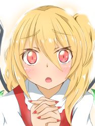 Rule 34 | 1girl, :o, blonde hair, blush, fang, flandre scarlet, gradient background, hair between eyes, highres, interlocked fingers, looking at viewer, mizune (winter), nail polish, no headwear, open mouth, own hands clasped, own hands together, red eyes, red nails, red vest, shirt, short hair, side ponytail, slit pupils, solo, thick eyebrows, touhou, upper body, vest, white background, white shirt, wings