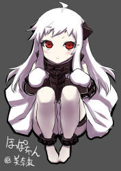 Rule 34 | 10s, 1girl, abyssal ship, ahoge, aircraft, airplane, barefoot, blush, dress, horns, kantai collection, long hair, looking at viewer, minarai, mittens, northern ocean princess, pale skin, red eyes, reppuu (kancolle), smile, solo, white dress, white hair