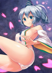 Rule 34 | 1girl, adapted costume, alcohol (coldfront), armpits, ass, bad id, bad pixiv id, bare shoulders, blue eyes, blush, breasts, coldfront, detached sleeves, female focus, hat, japanese clothes, kariginu, legs, looking at viewer, mononobe no futo, no bra, no pants, panties, petals, ponytail, revealing clothes, see-through, sideboob, silver hair, smile, solo, tate eboshi, thighs, touhou, underwear, white panties