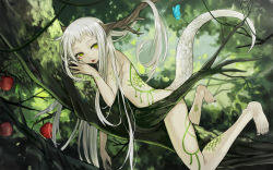 Rule 34 | 1girl, :p, bad id, bad pixiv id, barefoot, branch, bug, butterfly, food, forest, fruit, green eyes, harano, highres, horns, bug, long hair, monster girl, nature, nude, original, single horn, solo, tail, tongue, tongue out, tree, white hair