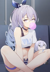 Rule 34 | 1girl, absurdres, bandage on thigh, bare legs, black choker, black shorts, blowing bubbles, character doll, chewing gum, choker, couch, crop top, crossed bangs, drill hair, drill ponytail, grey eyes, grey hair, hair ribbon, highres, honkai: star rail, honkai (series), indian style, indoors, jon eve, looking at viewer, midriff, navel, on couch, ribbon, shirt, short shorts, shorts, sidelocks, silver wolf (honkai: star rail), single-shoulder shirt, single bare shoulder, single drill, sitting, solo, stomach, thigh strap, white shirt