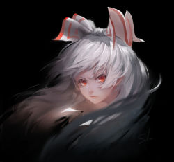 Rule 34 | 1girl, artist name, backlighting, black background, blurry, bow, colored eyelashes, depth of field, artistic error, frown, fujiwara no mokou, hair bow, highres, lips, long hair, looking at viewer, looking to the side, neck, portrait, red eyes, serious, signature, silver hair, simple background, sketch, sola7764, solo, touhou, wind