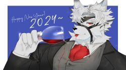 Rule 34 | 1boy, 2024, animal ears, ascot, black suit, blue background, claws, colored tips, cup, drink, drinking glass, eyepatch, formal, furry, furry male, grey vest, happy new year, highres, holding, holding cup, holding drink, jujurlyreckless, looking at viewer, male focus, multicolored hair, new year, one eye covered, red ascot, red eyes, red wine, saliva, saliva trail, shirt, spilling, suit, tongue, tongue out, upper body, vest, von lycaon, white shirt, wine glass, wolf boy, wolf ears, zenless zone zero