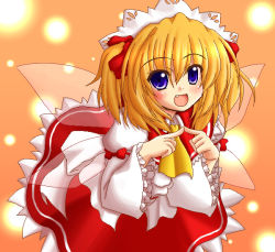 Rule 34 | 1girl, ascot, bad id, bad pixiv id, blonde hair, blue eyes, blush, bow, child, eastern and little nature deity, fairy, fairy wings, fang, female focus, fingers together, frilled skirt, frills, index fingers together, long sleeves, miiya, open mouth, orange background, red ribbon, red skirt, ribbon, shirt, skirt, solo, sunny milk, touhou, touhou sangetsusei, twintails, two side up, white bow, white shirt, wings, yellow ascot