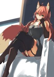 Rule 34 | 1boy, ahoge, an choby, animal ear fluff, animal ears, animal nose, black dress, black thighhighs, boots, crossdressing, crossed legs, dress, fox boy, fox ears, fox tail, from below, furry, furry male, garter straps, green eyes, highres, leather, leather boots, long hair, looking at viewer, male focus, orange hair, sitting, sleeveless, sleeveless dress, smile, solo, tail, thighhighs, trap
