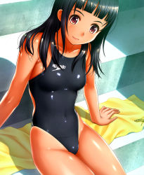 Rule 34 | 1girl, black hair, competition swimsuit, highleg, highleg swimsuit, highres, kuri (kurigohan), long hair, one-piece swimsuit, original, red eyes, solo, speedo (company), swimsuit, towel