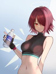Rule 34 | 1girl, arknights, arm behind back, bare shoulders, bottle, clothing cutout, drink, exusiai (arknights), fingerless gloves, gloves, gradient background, hair over one eye, halo, highres, holding, holding drink, midriff, navel cutout, red eyes, red hair, sanukiske, simple background, smile, solo, swimsuit, upper body, water bottle, wings