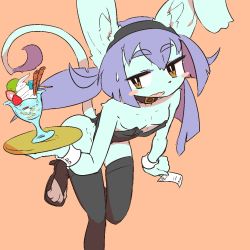Rule 34 | 1girl, breasts, cat, downblouse, female focus, food, furry, furry female, handband, ice cream, leotard, long hair, no bra, playboy bunny, purple hair, simple background, small breasts, solo, the amboina, yellow eyes