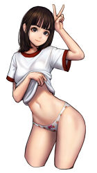 Rule 34 | 1girl, arm up, black eyes, blunt bangs, closed mouth, clothes lift, contrapposto, cropped legs, food print, hand on own head, highres, jungon kim, leaning to the side, lifting own clothes, navel, no pupils, original, panties, print panties, shirt, shirt lift, short hair, short sleeves, simple background, smile, solo, standing, stomach, strawberry panties, strawberry print, thighs, underwear, v, white background, white shirt